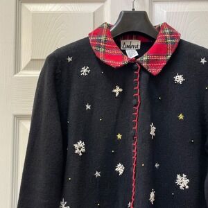 Vintage Ambria Women's Petite Med Cardigan Black Christmas Ugly‎ Sweater Beaded